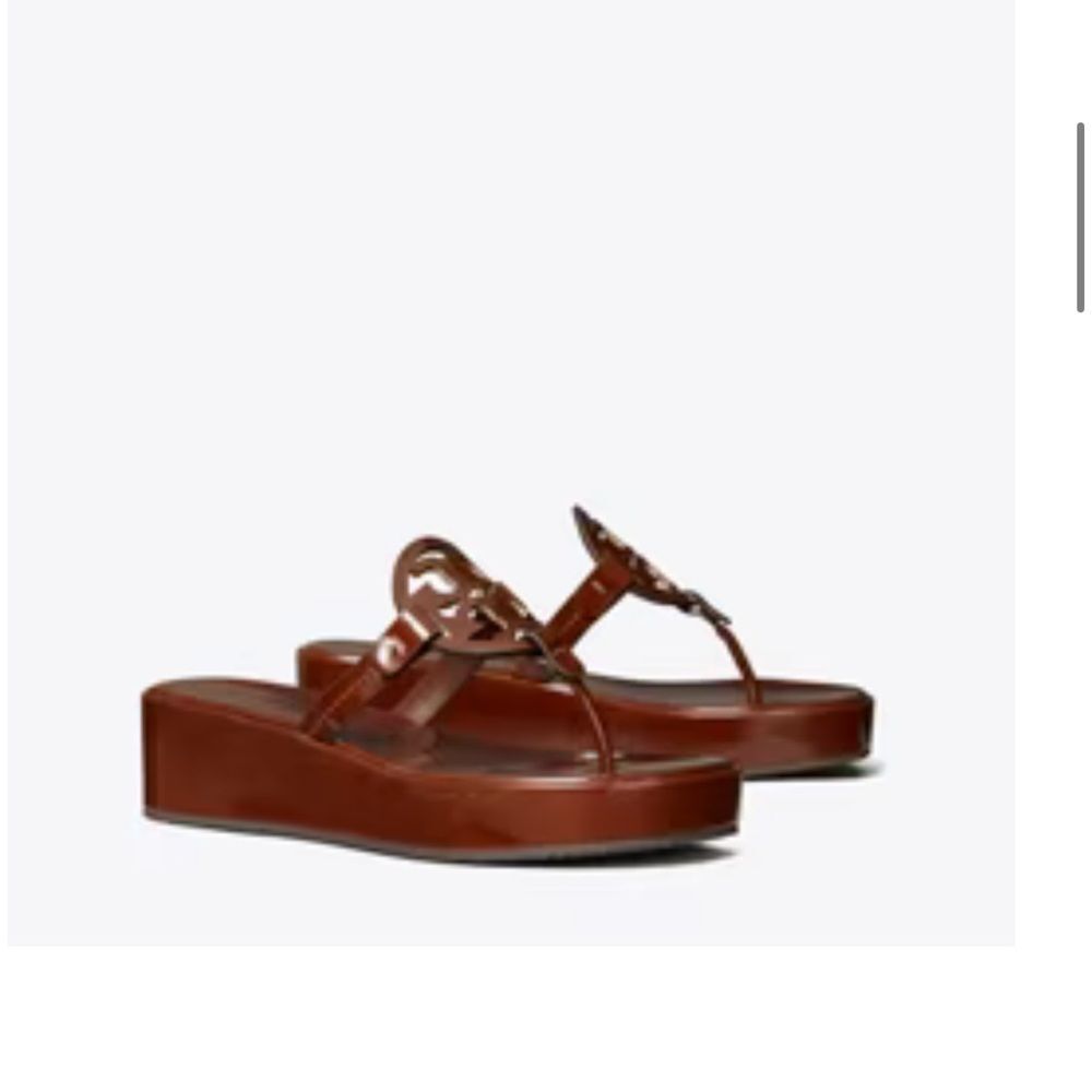 Tory Burch Miller Wedge Thong Sandals in Patent Russet Brown new in box size 7.5